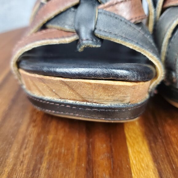 Bed Stu Sandals Women's 7 Brown Black Leather Gina Wedge Straps Slip On Platform - Picture 7 of 11